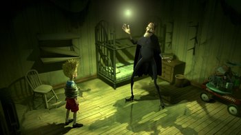 Movie still from “Meet the Robinsons” (2007), directed by Stephen J. Anderson – A boy and a man are in a room with a cage; Wide shot, Overhead angle
