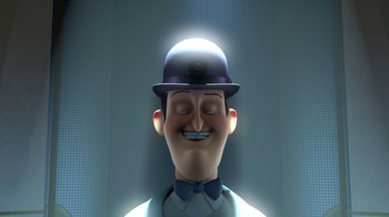 Movie still from “Meet the Robinsons” (2007), directed by Stephen J. Anderson – A man with a hat is smiling for the camera; Close Up shot, Low angle