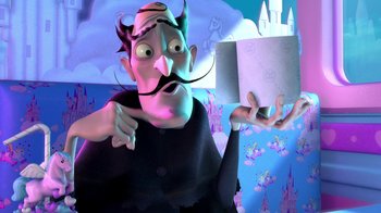 Movie still from “Meet the Robinsons” (2007), directed by Stephen J. Anderson – A cartoon of a man with a mustache holding a book; Medium shot, Over the shoulder angle
