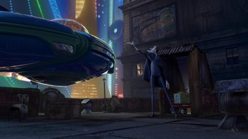 Movie still from “Meet the Robinsons” (2007), directed by Stephen J. Anderson – A scene from the animated film zootropolis; Wide shot, Low angle