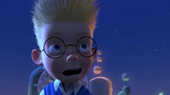 Movie still from “Meet the Robinsons” (2007), directed by Stephen J. Anderson – A cartoon character with glasses; Medium shot, Low angle