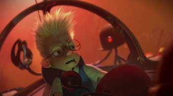 Movie still from “Meet the Robinsons” (2007), directed by Stephen J. Anderson – A person with glasses is sitting in a car; Close Up shot, Over the shoulder angle