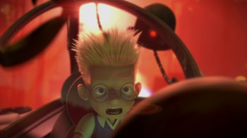 Movie still from “Meet the Robinsons” (2007), directed by Stephen J. Anderson – A cartoon character's head and eyes; Close Up shot, High angle