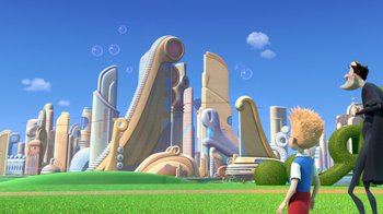 Movie still from “Meet the Robinsons” (2007), directed by Stephen J. Anderson – An animated scene of a city with a sky background; Extreme Wide shot, Low angle