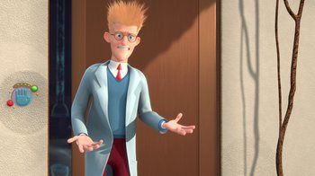 Movie still from “Meet the Robinsons” (2007), directed by Stephen J. Anderson – An animated man in a blue coat and red pants; Medium shot, High angle