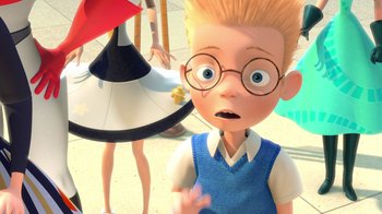 Movie still from “Meet the Robinsons” (2007), directed by Stephen J. Anderson – A cartoon of a boy wearing glasses and a blue shirt; Close Up shot, Over the shoulder angle