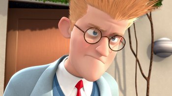 Movie still from “Meet the Robinsons” (2007), directed by Stephen J. Anderson – A cartoon of a man wearing a suit and tie; Close Up shot, Low angle