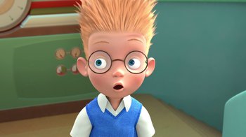 Movie still from “Meet the Robinsons” (2007), directed by Stephen J. Anderson – A cartoon of a boy wearing glasses and a blue shirt; Close Up shot, High angle