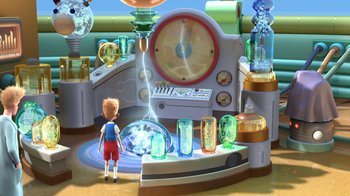 Movie still from “Meet the Robinsons” (2007), directed by Stephen J. Anderson – A boy standing in front of a room filled with lots of glass objects; Wide shot, High angle