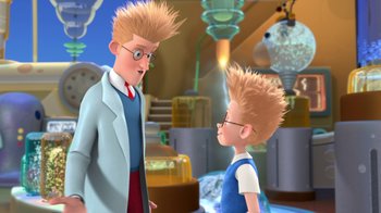 Movie still from “Meet the Robinsons” (2007), directed by Stephen J. Anderson – A cartoon of a man talking to a young boy; Medium shot, High angle