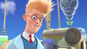 Movie still from “Meet the Robinsons” (2007), directed by Stephen J. Anderson – A cartoon of a man with blonde spiky hair; Close Up shot, Low angle
