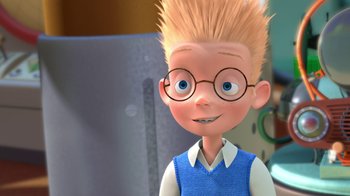 Movie still from “Meet the Robinsons” (2007), directed by Stephen J. Anderson – A cartoon boy wearing glasses and a blue shirt; Close Up shot, Low angle
