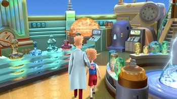 Movie still from “Meet the Robinsons” (2007), directed by Stephen J. Anderson – Two people are walking in a cartoon setting; Wide shot, High angle