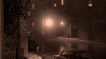 Movie still from “Meet the Robinsons” (2007), directed by Stephen J. Anderson – A car parked on the side of the road in the rain; Extreme Wide shot, High angle