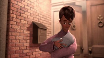 Movie still from “Meet the Robinsons” (2007), directed by Stephen J. Anderson – An animated woman is holding something in her arms; Close Up shot, High angle