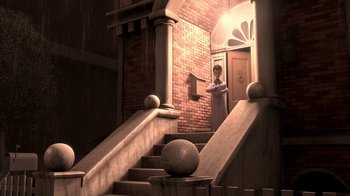 Movie still from “Meet the Robinsons” (2007), directed by Stephen J. Anderson – A woman standing in front of an open door; Wide shot, Low angle