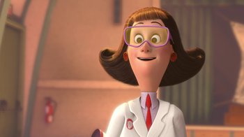 Movie still from “Meet the Robinsons” (2007), directed by Stephen J. Anderson – An animated woman wearing a white lab coat and a red tie; Medium shot, Low angle
