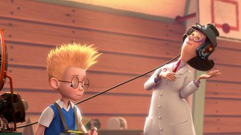 Movie still from “Meet the Robinsons” (2007), directed by Stephen J. Anderson – A couple of people that are standing up together; Wide shot, Over the shoulder angle