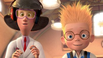 Movie still from “Meet the Robinsons” (2007), directed by Stephen J. Anderson – A couple of people that are standing next to each other; Medium shot, Low angle