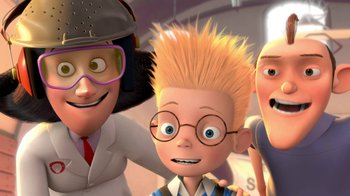 Movie still from “Meet the Robinsons” (2007), directed by Stephen J. Anderson – A group of people standing next to each other; Medium shot, Over the shoulder angle