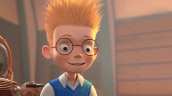 Movie still from “Meet the Robinsons” (2007), directed by Stephen J. Anderson – A cartoon boy with glasses is smiling for the camera; Close Up shot, Low angle