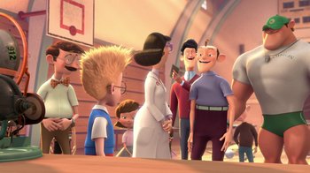 Movie still from “Meet the Robinsons” (2007), directed by Stephen J. Anderson – A group of people standing next to each other in a room; Wide shot, Over the shoulder angle
