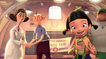 Movie still from “Meet the Robinsons” (2007), directed by Stephen J. Anderson – A group of people standing next to each other in front of a building; Wide shot, Over the shoulder angle