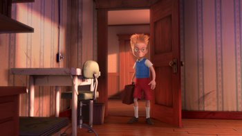 Movie still from “Meet the Robinsons” (2007), directed by Stephen J. Anderson – A cartoon boy standing in a room holding a briefcase; Wide shot, High angle