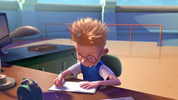Movie still from “Meet the Robinsons” (2007), directed by Stephen J. Anderson – A cartoon of a boy writing in a notebook; Medium shot, High angle