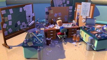 Movie still from “Meet the Robinsons” (2007), directed by Stephen J. Anderson – An animated scene of a boy at a desk; Extreme Wide shot, High angle