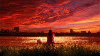 A woman sitting on the grass near a body of water at sunset