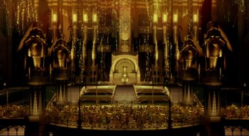 Movie still from “Metropolis” (2001), directed by Rintarô – A stage with a lot of lights in the background; Extreme Wide shot, High angle