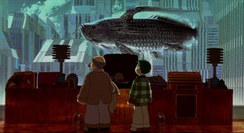 Movie still from “Metropolis” (2001), directed by Rintarô – Two people looking at a large fish in a room; Wide shot, Low angle