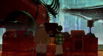 Movie still from “Metropolis” (2001), directed by Rintarô – Two people standing in front of an aquarium; Wide shot, Low angle