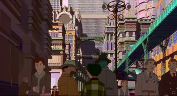 Movie still from “Metropolis” (2001), directed by Rintarô – People are walking down a street in a city; Extreme Wide shot, High angle