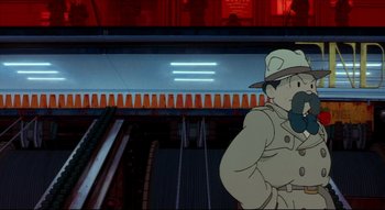 Movie still from “Metropolis” (2001), directed by Rintarô – A man in a hat is standing in front of an escalator; Close Up shot, Low angle