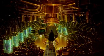 Movie still from “Metropolis” (2001), directed by Rintarô – A man is walking down a path in a factory; Extreme Wide shot, High angle
