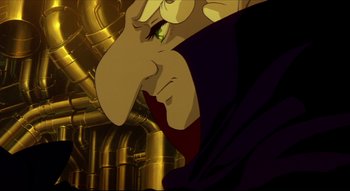 Movie still from “Metropolis” (2001), directed by Rintarô – A person's face in a room with pipes; Extreme Close Up shot, Low angle