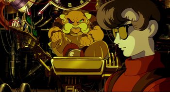 Movie still from “Metropolis” (2001), directed by Rintarô – An image of an animated character and a woman; Medium shot, Low angle