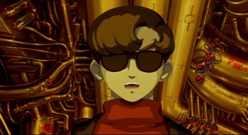 Movie still from “Metropolis” (2001), directed by Rintarô – A man wearing sunglasses in front of pipes; Close Up shot, Low angle