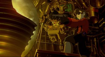 Movie still from “Metropolis” (2001), directed by Rintarô – A picture of a scene in a cartoon; Wide shot, Low angle