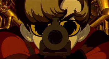 Movie still from “Metropolis” (2001), directed by Rintarô – A person taking a picture with a digital camera; Extreme Close Up shot, Low angle