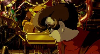 Movie still from “Metropolis” (2001), directed by Rintarô – An animated picture of a man looking at something in a box; Close Up shot, Low angle