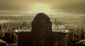 Movie still from “Metropolis” (2001), directed by Rintarô – A view of a city from the top of a building; Extreme Wide shot, High angle