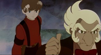 Movie still from “Metropolis” (2001), directed by Rintarô – An animated scene of a boy and an older man; Close Up shot, Over the shoulder angle