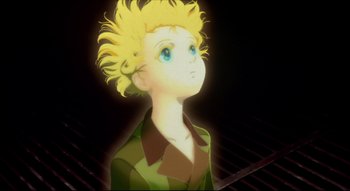 Movie still from “Metropolis” (2001), directed by Rintarô – A cartoon of a boy with yellow hair looking up; Close Up shot, Low angle