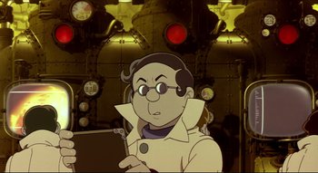 Movie still from “Metropolis” (2001), directed by Rintarô – An animated man in a white coat holding a tablet; Medium shot, High angle