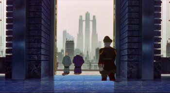Movie still from “Metropolis” (2001), directed by Rintarô – A group of people standing in front of an open door; Wide shot, Low angle