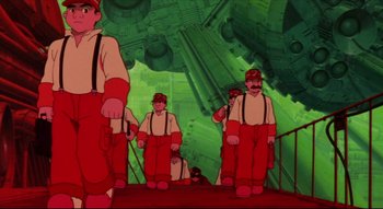 Movie still from “Metropolis” (2001), directed by Rintarô – A group of men standing next to each other in red overalls; Wide shot, Low angle