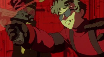 Movie still from “Metropolis” (2001), directed by Rintarô – An animated scene of a man holding a gun and another man holding a gun; Close Up shot, Low angle